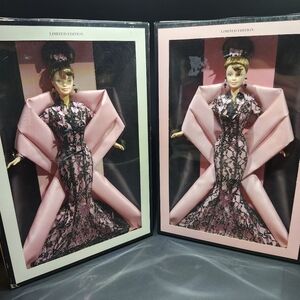 Pair Of Limited Edition Hanae Mori Barbie Dolls in Pink and Black Lace Gown